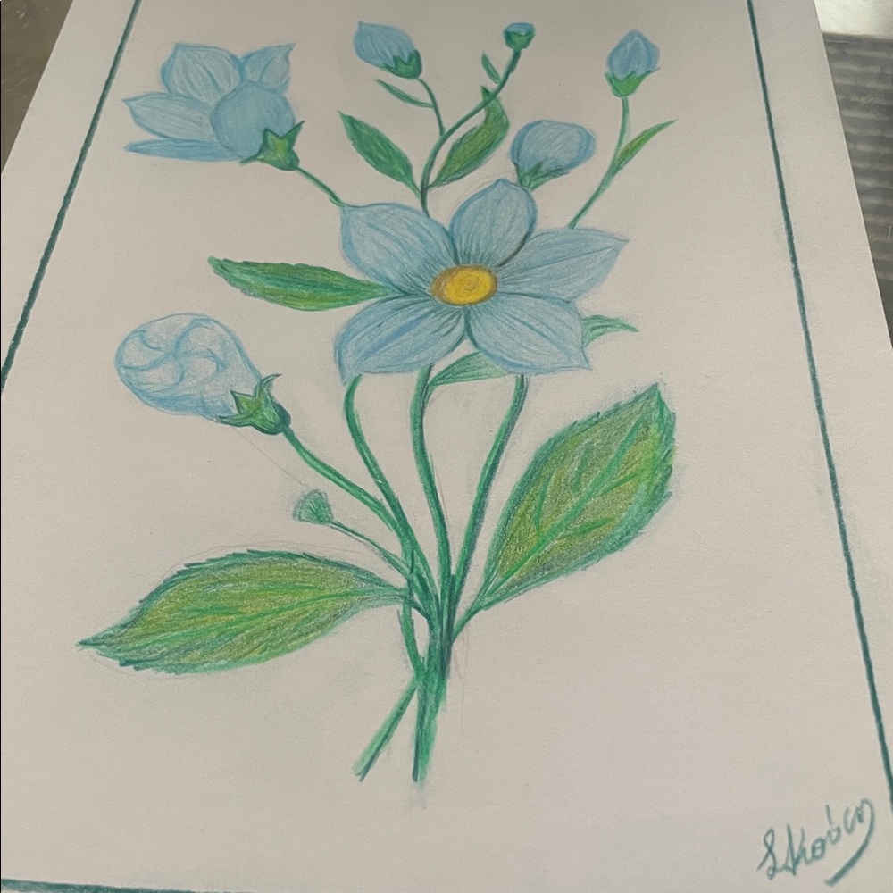Original Signed Blue Floral Watercolor Art Painting L Kousy